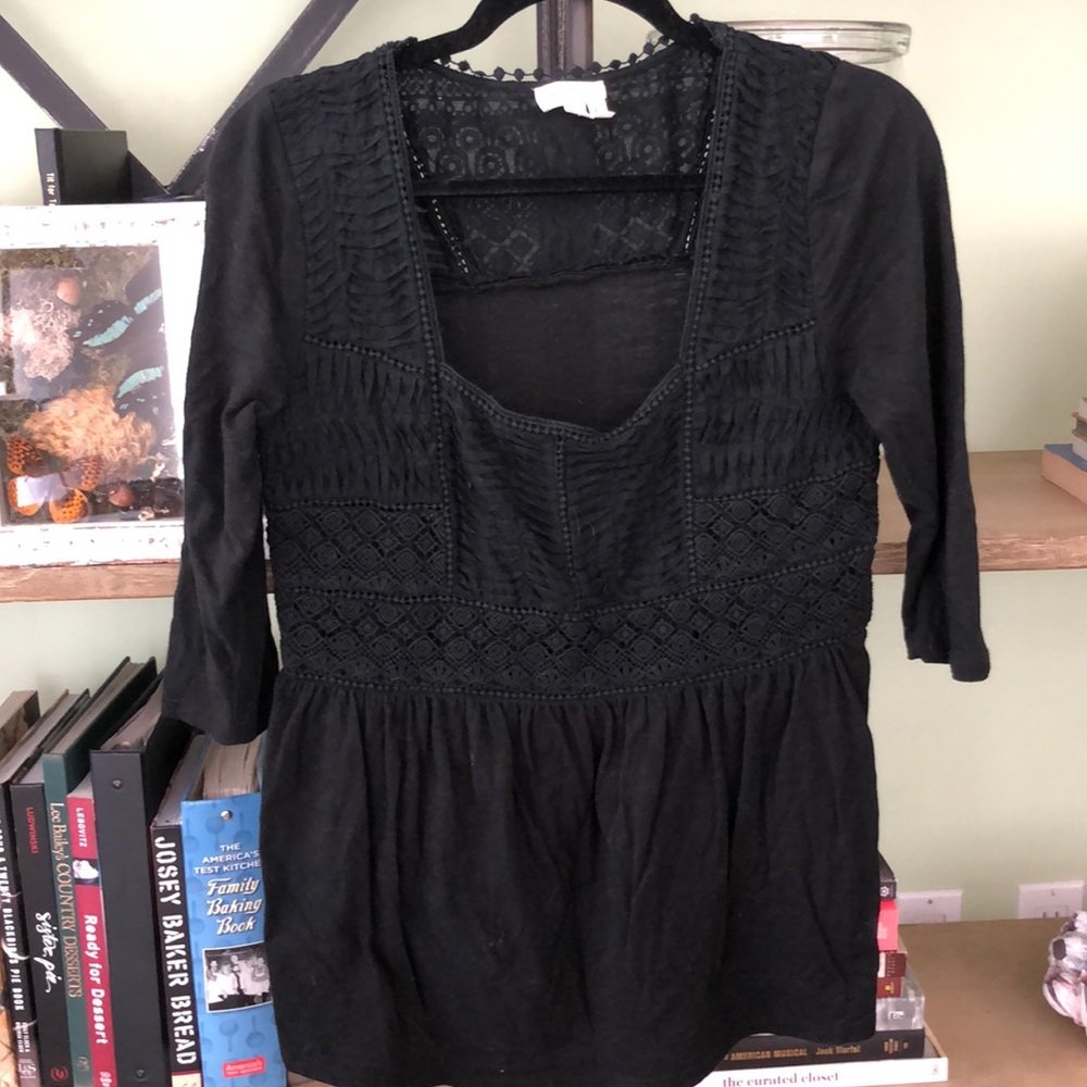 Anthropologie Black Pintucked Top with Lace